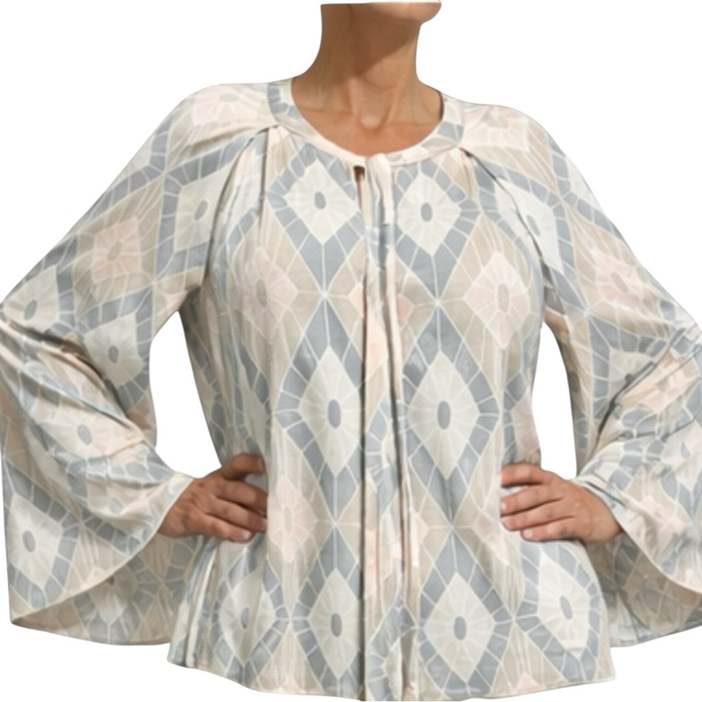 Elizabeth And James Silk Geometric Print Tie Neck Bell Sleeve Blouse M